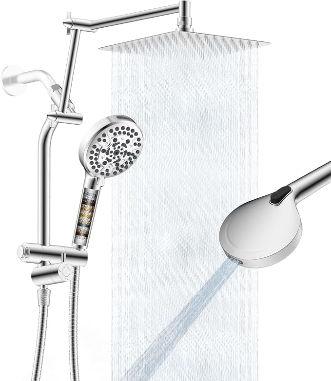 Metal 10" Rain Shower Head with Handheld, 10-Mode with Filter, Easy Reach | Chrome, High-Pressure Rainfall Showerhead, Upgraded 4-Way Diverter Pause Mode, Adjustable 16" Extension Arm/71" Hose/Holder