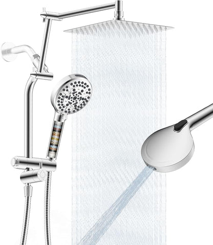 Metal 10" Rain Shower Head with Handheld, 10-Mode with Filter, Easy Reach | Chrome, High-Pressure Rainfall Showerhead, Upgraded 4-Way Diverter Pause Mode, Adjustable 16" Extension Arm/71" Hose/Holder