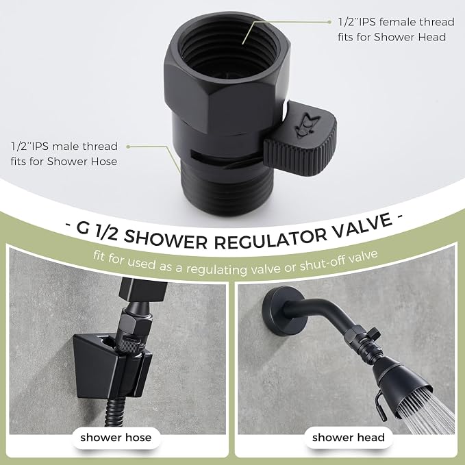Aomasi G 1/2 Shower Head Shut off Valve for Bathroom Showers, Matte Black | Solid Brass, Shower Flow Restrictor with on off Switch, Easy Water Control, Save Water, Works for Bidet Sprayer, Garden Hose