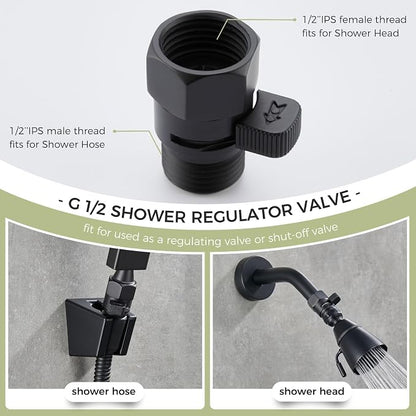 Aomasi G 1/2 Shower Head Shut off Valve for Bathroom Showers, Matte Black | Solid Brass, Shower Flow Restrictor with on off Switch, Easy Water Control, Save Water, Works for Bidet Sprayer, Garden Hose