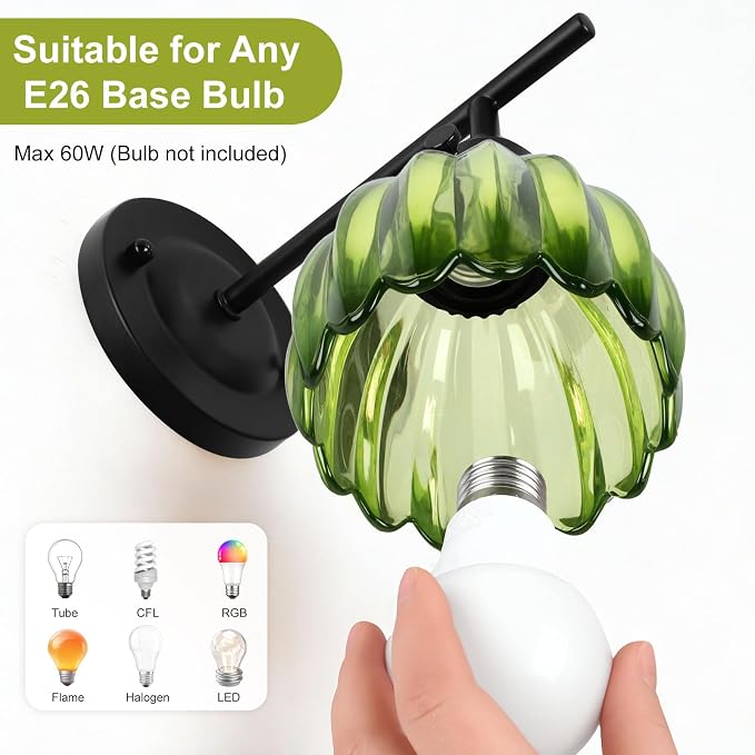 Vintage Wall Sconces Set of 2 with Green Tulip Glass Lampshade, Hardwired and Wireless Wall Mounted Light Fixtures (2 Usage Methods), Black Lamp with Switch for Bedside Bedroom Living Room Wall Decor