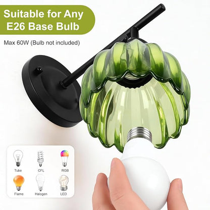 Vintage Wall Sconces Set of 2 with Green Tulip Glass Lampshade, Hardwired and Wireless Wall Mounted Light Fixtures (2 Usage Methods), Black Lamp with Switch for Bedside Bedroom Living Room Wall Decor