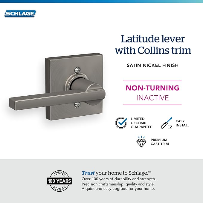 Schlage F170 LAT 619 COL Latitude Door Lever with Collins Trim, One Sided Non-Turning Dummy Door Handle, Satin Nickel