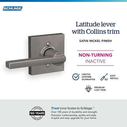 Schlage F170 LAT 619 COL Latitude Door Lever with Collins Trim, One Sided Non-Turning Dummy Door Handle, Satin Nickel