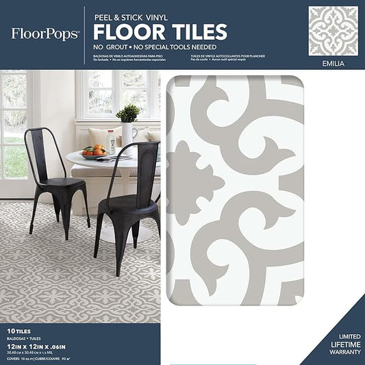 FloorPops FP3895 Emilia Peel & Stick Floor Tiles, Neutral (Pack of 6)