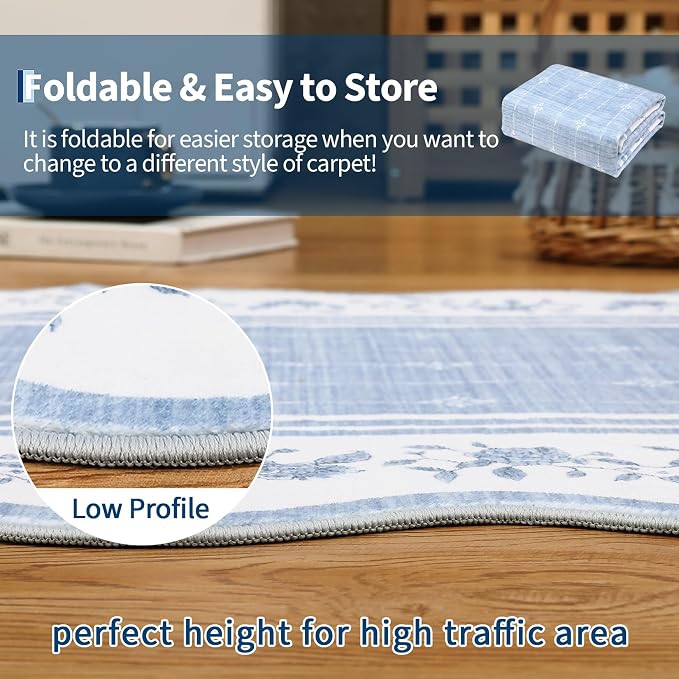 Garvee Large Area Rug Washable 10x13 Scalloped Floral Living Room Rug Blue | Soft Non Slip Low Pile Indoor Carpet Stain Resistant Modern Bordered Accent Carpet for Bedroom Nursery Kids Room Office