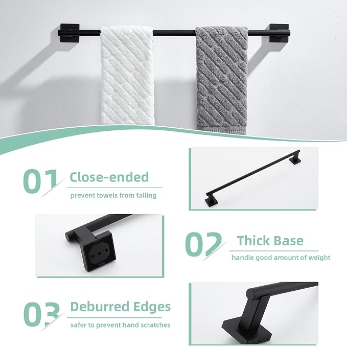 Suyar Bathroom Hardware Set Matte Black, Bathroom Accessories 4 Pieces | Include Robe Hook, Toilet Paper Holder, Hand Towel Holder, Towel Bar, SUS304 Stainless Steel, Wall Mounted