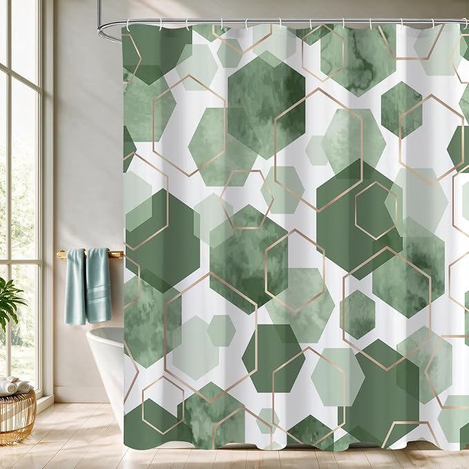 Litabel Extra Long Geometric Shower Curtain for Bathroom, 72x84 | Extra Long Modern Minimalist Shower Curtais, Olive Green Geometric Art Print Abstract Waterproof Bath Curtain