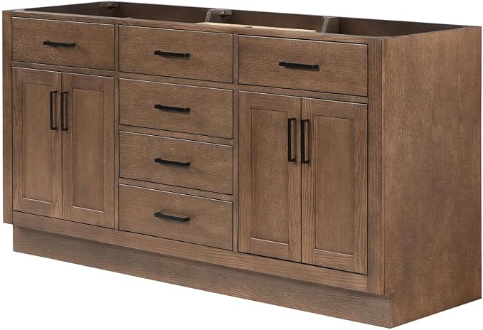 ARIEL Hepburn 66-inch Bathroom Vanity Base Cabinet,Solid Wood, 4 Soft Closing Doors, 6 Dovetail Drawers, Brown Oak