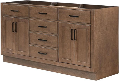 ARIEL Hepburn 66-inch Bathroom Vanity Base Cabinet,Solid Wood, 4 Soft Closing Doors, 6 Dovetail Drawers, Brown Oak