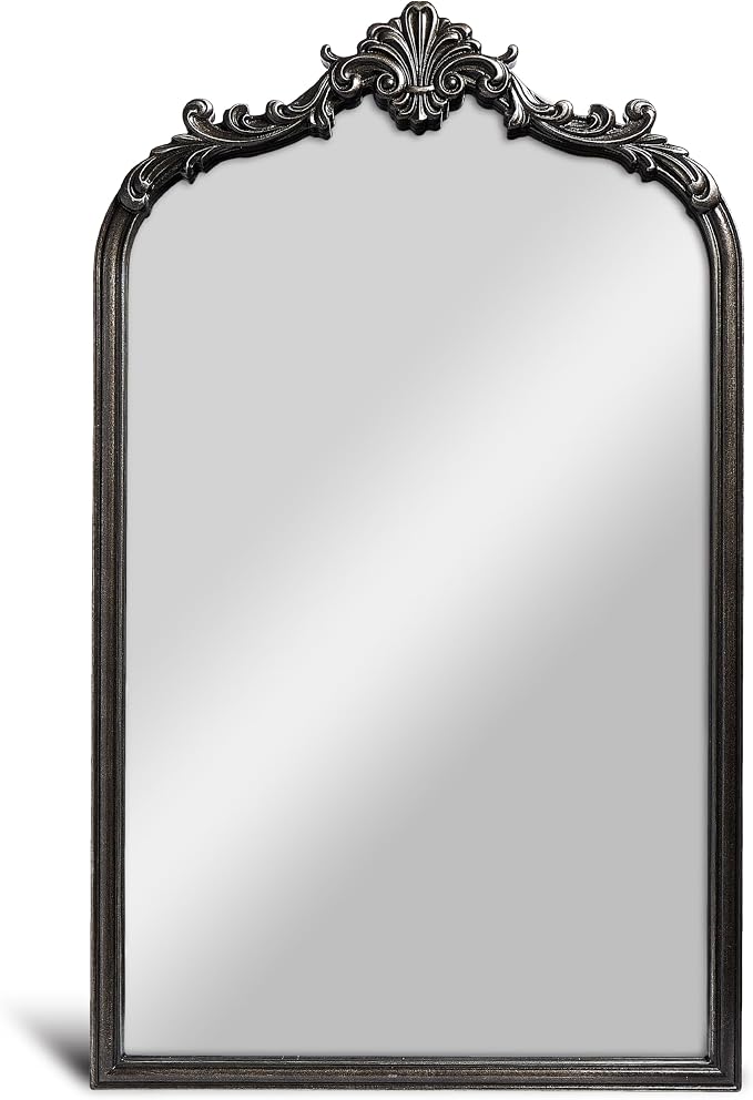 English Estate Carved Arch Wood Wall Mirror, Mirror for Entryway, Living Room, Bathroom, Distressed Black, 20.4x33