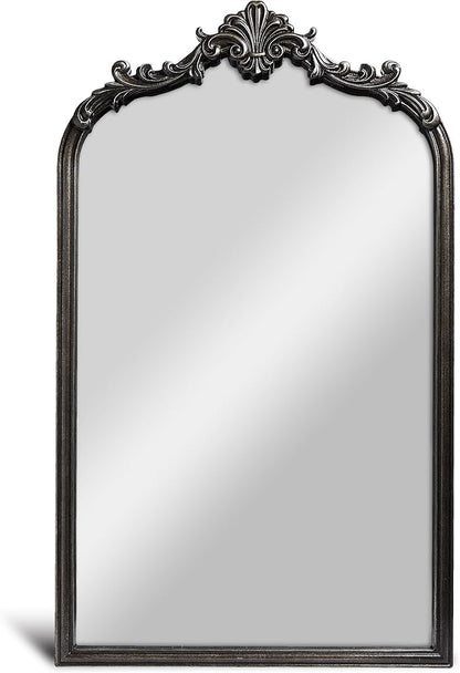 English Estate Carved Arch Wood Wall Mirror, Mirror for Entryway, Living Room, Bathroom, Distressed Black, 20.4x33