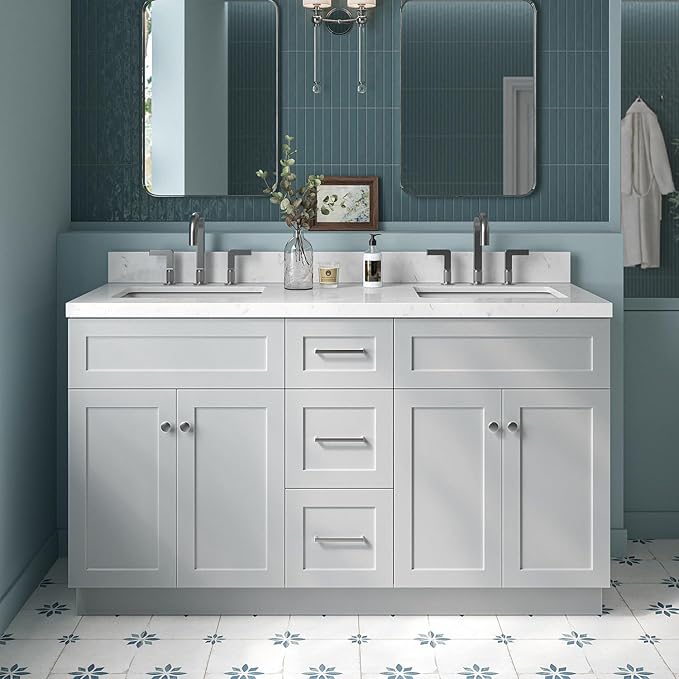 ARIEL Hamlet 60-inch Bathroom Vanity with Sink,Solid Wood, 1.5-inch Carrara White Quartz Countertop & Backsplash, Double Rectangular Porcelain Sink, 4 Soft Closing Doors, 3 Dovetail Drawers, Grey
