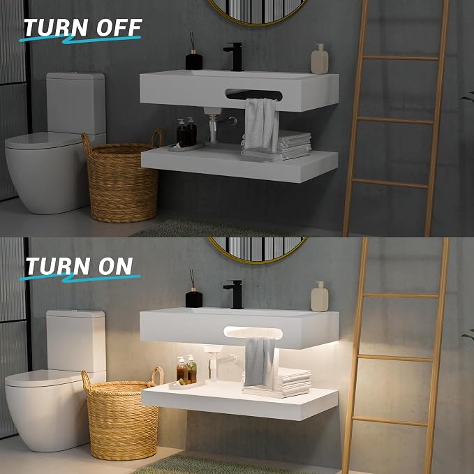 36"x19" Wall Mount Bathroom Vanity with LED Smart Sensor Light, Stone Resin Floating Vanity Sink Rectangular Vessel White Trough Art Basin with Shelf Layer