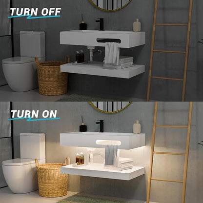 36"x19" Wall Mount Bathroom Vanity with LED Smart Sensor Light, Stone Resin Floating Vanity Sink Rectangular Vessel White Trough Art Basin with Shelf Layer