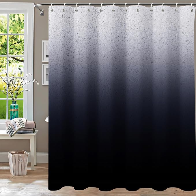 Black Ombre Diatomaceous Earth Shower Curtain Set, 72x72 Inch, Rustic Farmhouse Style for Bathroom