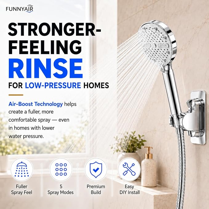 High Pressure Shower Head, Stick-on Low Mount Wall Bracket, Chrome | 5 Spray Modes, Water-Saving, 360° Adjustable Bracket, For Low Water Pressure Home, RV, Bathroom, Fix Firmly Kid-Friendly