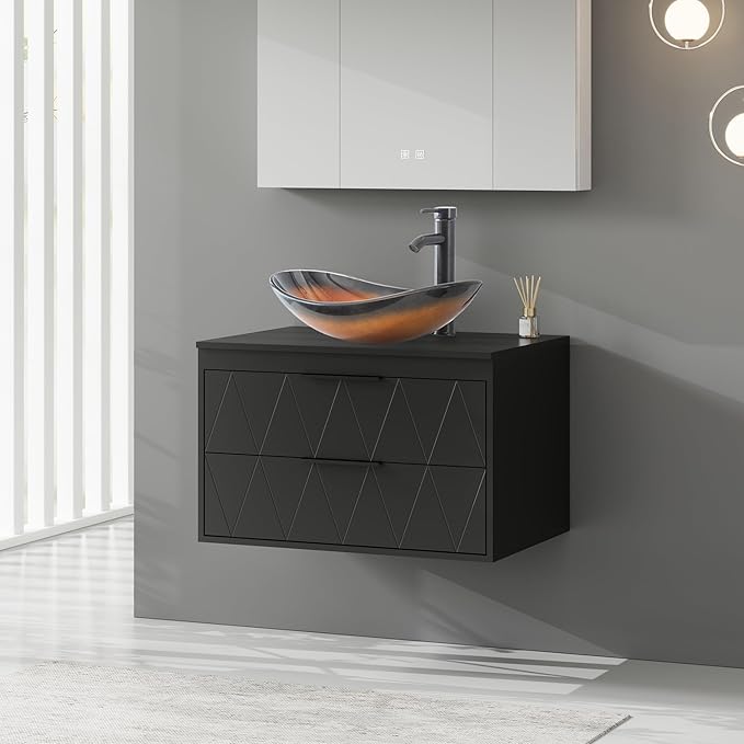 eclife 30" Floating Bathroom Vanities with Sink Combo, Wall Mounted Modern Cabinet W/Diamond Line Pattern Design, Brown Boat Glass Vessel Sink W/Water Save Faucet & Pop Up Drain, Black