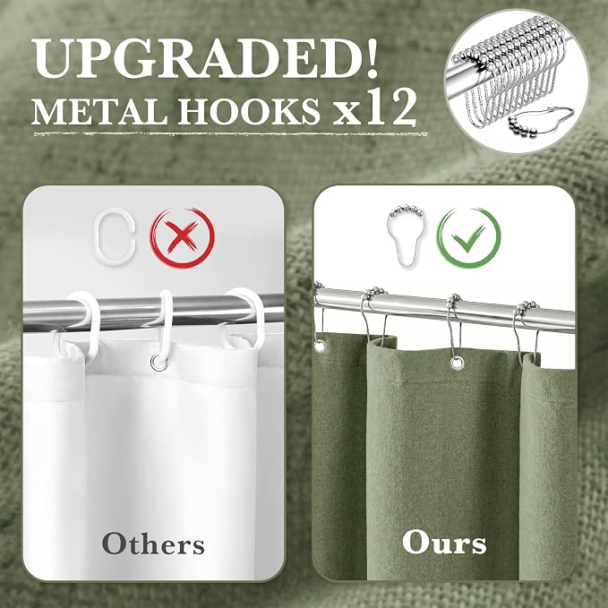 Sage Green Linen Shower Curtain Farmhouse Bathroom Decor 72x84 In | Boho Bathroom Decor,12 Sturdy Stainless Steel Sliding Hangers,Rustic Country Style,Linen Shower Curtains for Bathroom