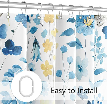 Blue Yellow Floral Shower Curtain, Cute Flower Fabric Shower Curtains for Bathroom, Watercolor Wildflower Butterfly Cloth Shower Curtain Set with Hooks, 72x72
