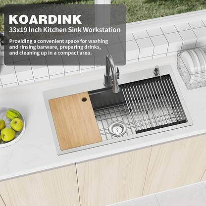 33x19In Drop-in Workstation Sink,Stainless Steel,Single Bowl | Modern Topmount Kitchen Sink Combo, Include Grid,Drying Rack,SS Colander,Cutting Board, Compatibility With Various Kitchen