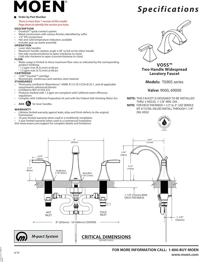 Moen Voss Chrome Two-Handle Adjustable Widespread Bathroom Faucet Trim Kit, Valve Required, T6905