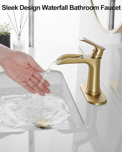 Waterfall Faucet, Brass Gold Bathroom Faucet 1 Hole, 1 Handle Bathroom Faucets for Sink 3 Hole (4 Inch) with Pop-up Drain, Hoses & Deck Plate