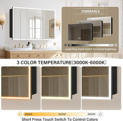 48×32inch Medicine Cabinet with Light,Recess Medicine Cabinet for Bathroom,3 Color,Dimmable,Demister,Detachable Side Plate for Recess Mount or Surface Mount