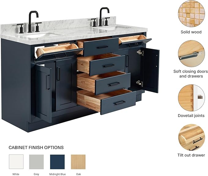 ARIEL Hepburn 66-inch Bathroom Vanity with Sink,Solid Wood, 1.5-inch Italian Carrara Marble Countertop, Double Rectangular Porcelain Sink, 4 Soft Closing Doors, 6 Dovetail Drawers, Midnight Blue