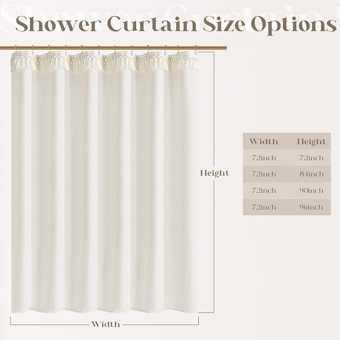 Cream Shower Curtain with Top Tassels Water Repellent 72x96 Inch | Extra Tall, Natural Ivory, Linen Shower Curtains 96 Inch Long, Farmhouse Rustic Country Elegant, Bathroom Cloth Fabric Drapes