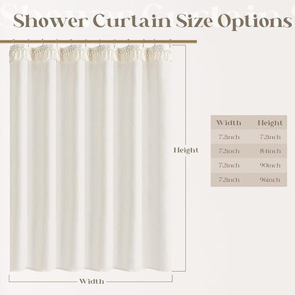Cream Shower Curtain with Top Tassels Water Repellent 72x96 Inch | Extra Tall, Natural Ivory, Linen Shower Curtains 96 Inch Long, Farmhouse Rustic Country Elegant, Bathroom Cloth Fabric Drapes