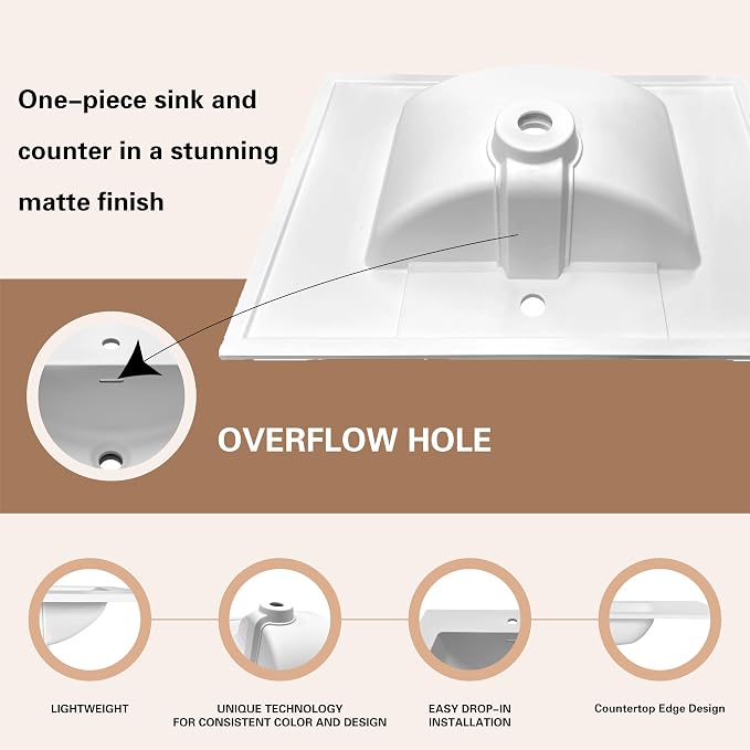 37" Bathroom Vanity Top with Integrated Sink – Solid Surface Resin Streamline Countertop, Single Faucet Hole, Built-in Overflow, Easy-to-Clean Matte White Finish, 37" W x 22" D