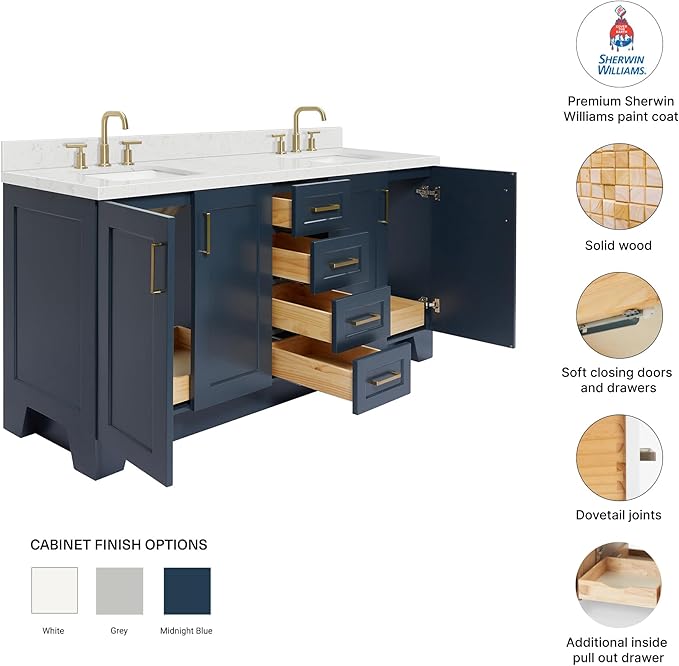 DKB Emilia 72 Inch Bathroom Vanity Double Sink — Midnight Blue Bathroom Vanity with Sink, 1.5" Edge Carrara White Quartz Countertop & Backsplash, 4 Soft-Close Doors, and 6 Dovetail Drawers