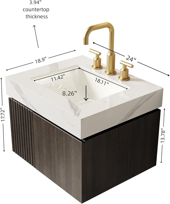 KEIKI 24 Inch Floating Bathroom Vanity with Sink, Espresso & White | Modern Wall Mounted Storage Cabinet with 2 Doors, Pre-assembled Wood Panels, Sintered Stone Top & Ceramic Basin Combo Set