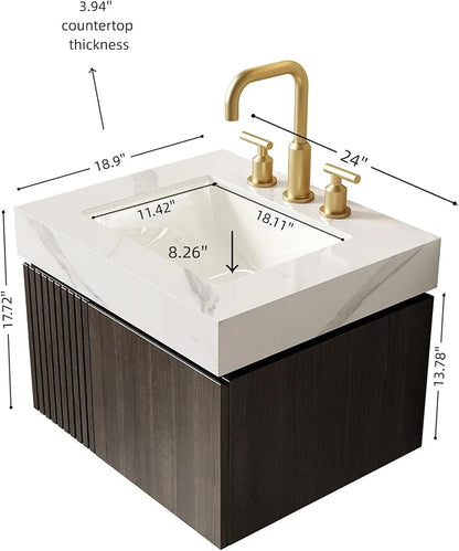 KEIKI 24 Inch Floating Bathroom Vanity with Sink, Espresso & White | Modern Wall Mounted Storage Cabinet with 2 Doors, Pre-assembled Wood Panels, Sintered Stone Top & Ceramic Basin Combo Set