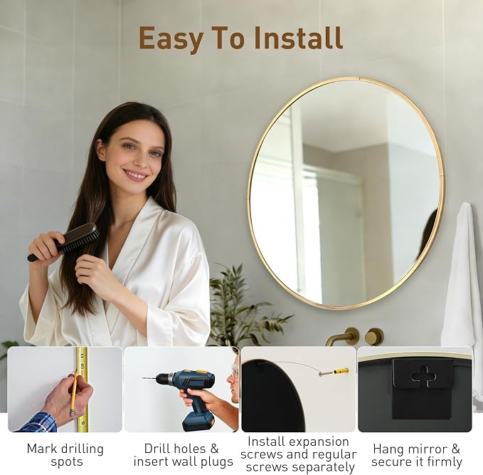 NEWBULIG 28 Inch Round Wall Mirror, Bathroom Mirrors for Over Sink | Metal Framed Circle Vanity Mirror, Wall Decor for Bedroom, Entryway, Anti-Rust, Tempered Glass, Hanging or Leaning, Gold