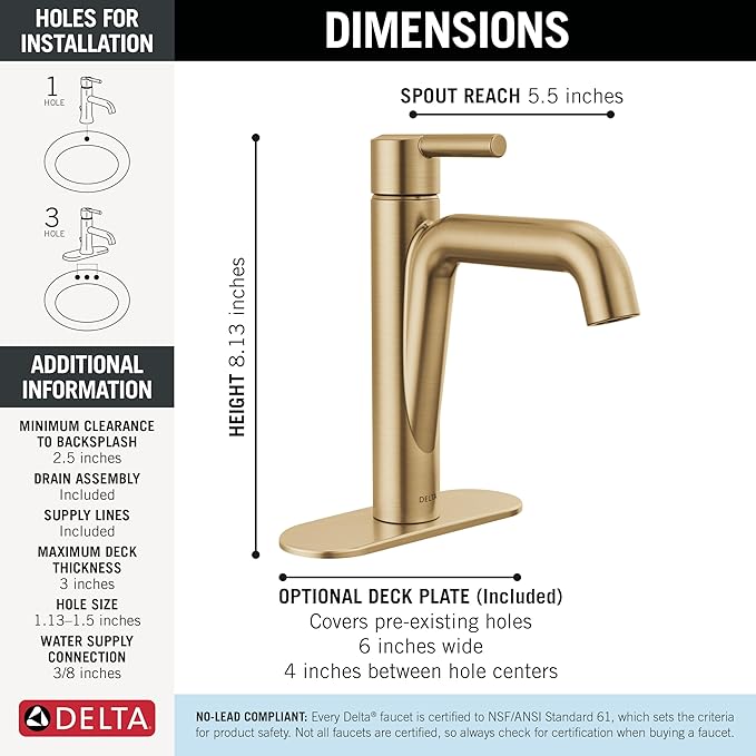 Delta Nicoli Brushed Gold Bathroom Faucet 1 Hole, Single Hole Bathroom Sink Faucet for Vanity, Push-Pop Drain Assembly, Champagne Bronze 15849LF-CZ
