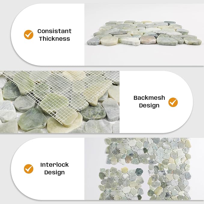 Green Pebble Tile for Shower Floor, 12"X12" Stone Backsplash Tiles | Slip-resistant Pebble for Bathroom, Kitchen, Shower Floors, Walls & Outdoor Areas, Mesh-Backed Easy to Install, 5 SqFt