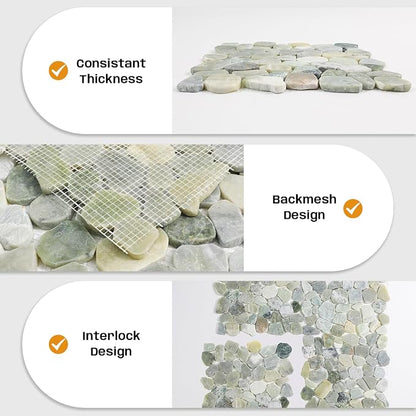 Green Pebble Tile for Shower Floor, 12"X12" Stone Backsplash Tiles | Slip-resistant Pebble for Bathroom, Kitchen, Shower Floors, Walls & Outdoor Areas, Mesh-Backed Easy to Install, 5 SqFt