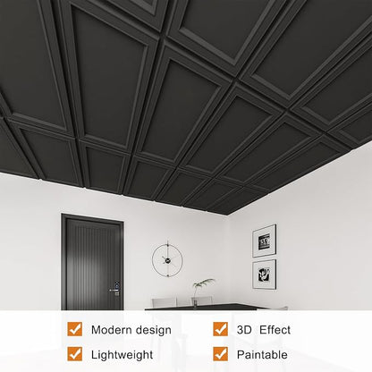 WOWSTAR 12-Pack 2x4ft Drop Ceiling Tiles, Waterproof Glue up Ceiling Panels, Modern Style 3D Wall Panels, Black | PVC ceiling panels, 2x4 ft, waterproof, glue-up install, basement kitchen bathroom, 12-pack