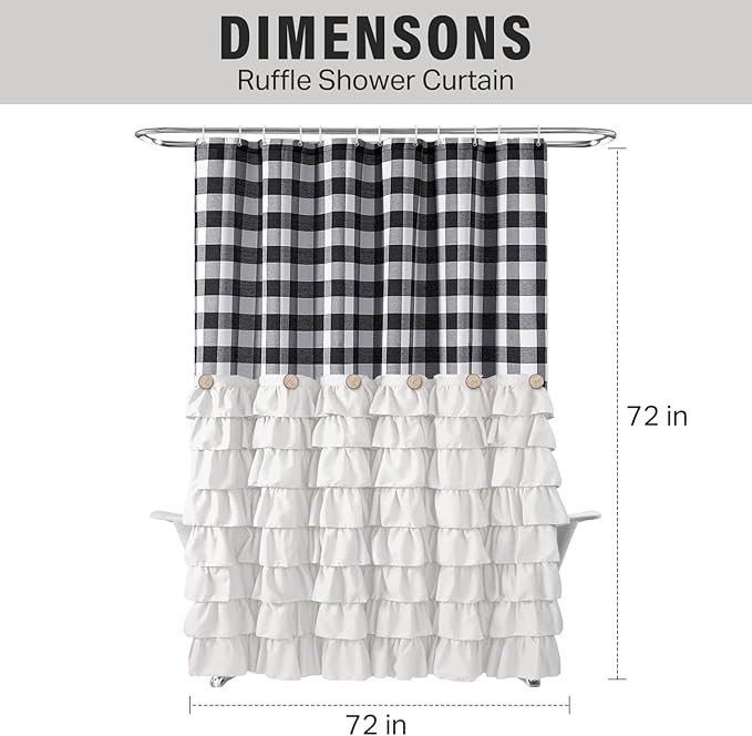 Seasonwood White Ruffle Farmhouse Shower Curtain Set with 12 Hooks 72 X 72inch Black and White Buffalo Plaid Pattern Fabric Shower Curtains with Buttons for Bathroom Bathtubs Decor Accessory