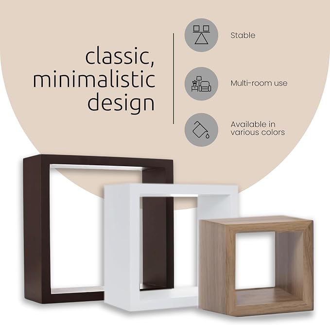 Kiera Grace Cubbi Floating Shelves, Modern Wall-Mounted Square Shelves for Bedroom, Bathroom, Kitchen, Easy to Hang, 5"/7"/9", Expresso, Set of 3