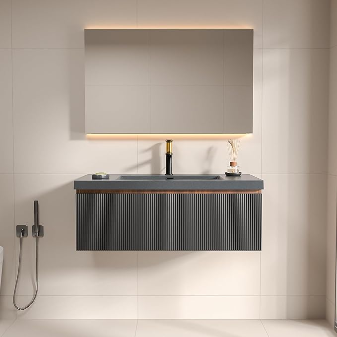 42 Inch Floating Bathroom Vanity with Sink, Modern Black Wall Mounted Floating Vanity with Scratch-Resistant Quartz Sand Basin, Soft Closing Drawers, Fully Pre Assembled Bathroom Vanity