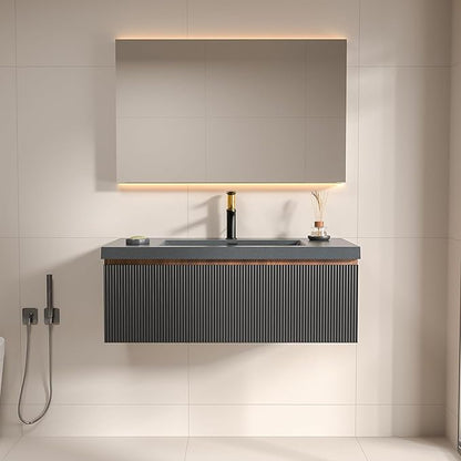 42 Inch Floating Bathroom Vanity with Sink, Modern Black Wall Mounted Floating Vanity with Scratch-Resistant Quartz Sand Basin, Soft Closing Drawers, Fully Pre Assembled Bathroom Vanity