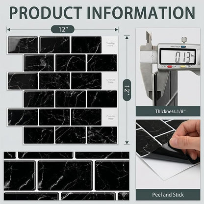 Arttown Peel and Stick 3D Wall Backsplash, 10-Sheet, 12" × 12" Black | Subway Tile Self Adhesive Thicker Design Wall Tiles Panel Wallpaper for Kitchen Bathroom Balcony Rental Housing