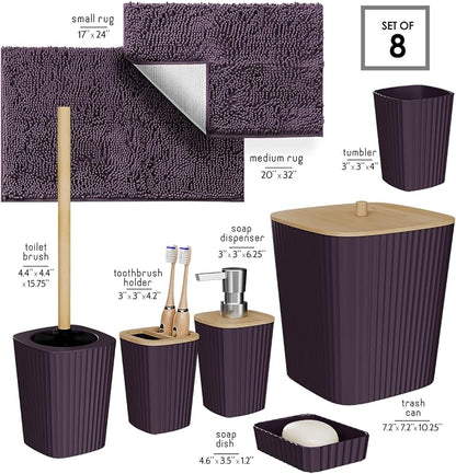 Clara Clark Bathroom Set - Purple Bathroom Accessories Set, 6PC Bathroom Accessory Set, Bathroom Sets with Bathroom Rugs, Toilet Brush, Trash Can & Soap Dispenser