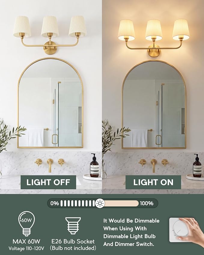 3-Light Gold Bathroom Vanity Light, Beige Pleated Fabric Shade | 25" 3-light gold double wall sconce with beige pleated fabric shades, E26 bulbs, hardwired, upward only, VL837-BG-Z-B-3