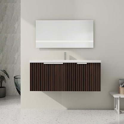 SSLine Wall Mounted Bathroom Vanity with Sink Combo Modern 48-Inch Single Bathroom Vanity Set with Top Basin &Storage Cabinet Wood Hanging Bath Cabinet w/Resin Sink(Dark Brown Stripe)