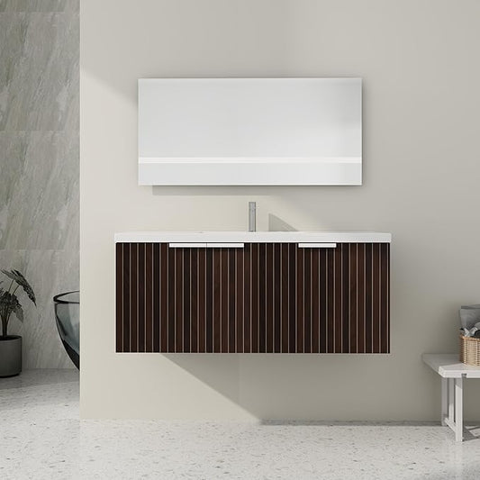 SSLine Wall Mounted Bathroom Vanity with Sink Combo Modern 48-Inch Single Bathroom Vanity Set with Top Basin &Storage Cabinet Wood Hanging Bath Cabinet w/Resin Sink(Dark Brown Stripe)