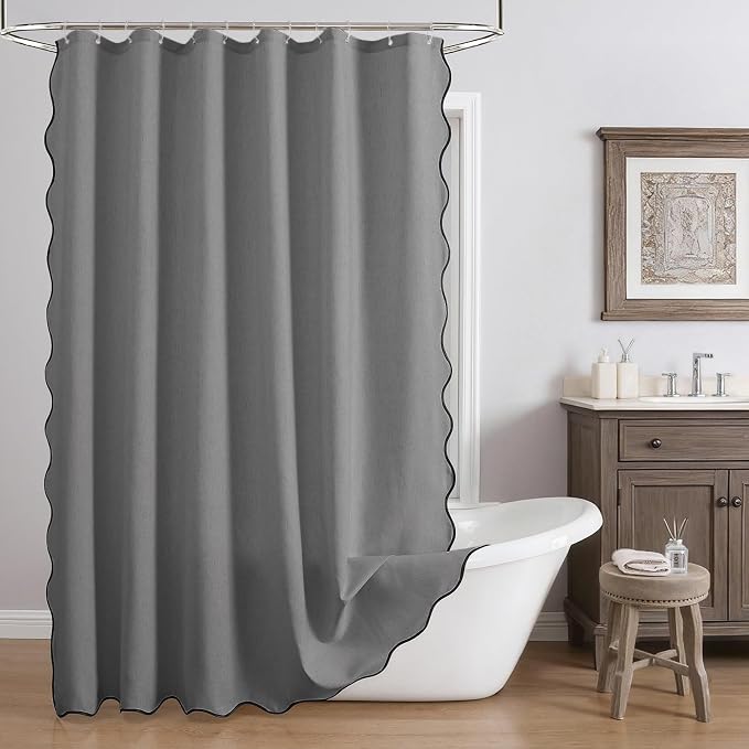 Linen Scallop Shower Curtain with 12 Clear Hooks, Waterproof, 72x72, Grey | Waterproof Heavy Duty Thick Fabric with Black Border, Neutral Boho Farmhouse Bathtub Shower Curtain